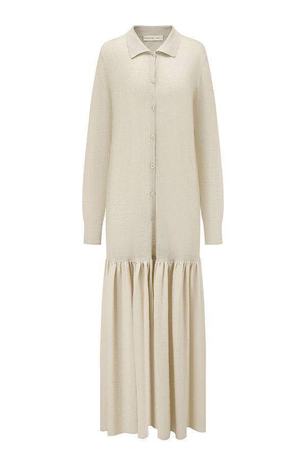 SWAYING 2025 Fall/Winter Collection: Fish-tail design polo dress with contrasting panel, Style No. SW-SW25AW2L03C1S2-HL, Gray-Green